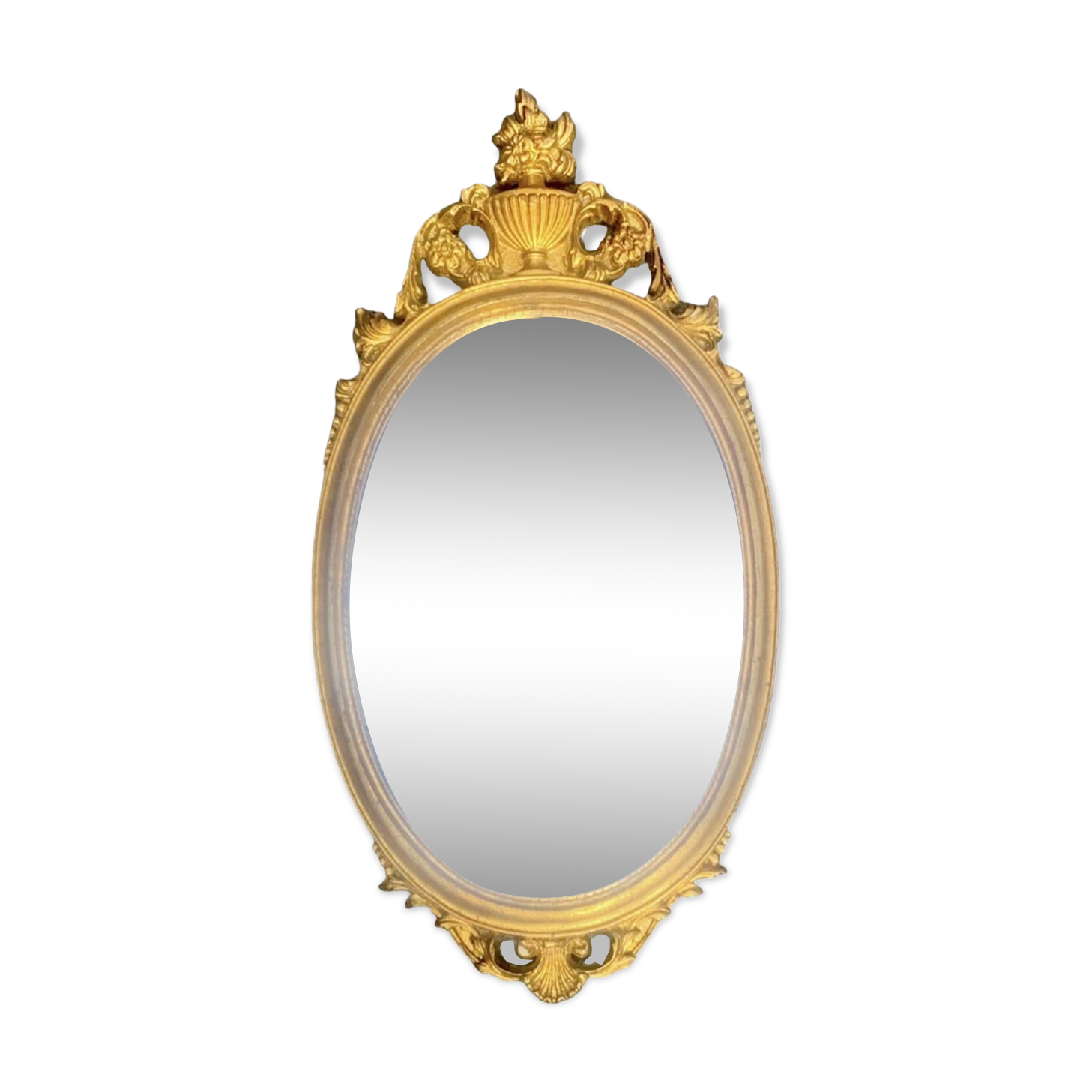 Ancien miroir ovale en résine dorée à la feuille - style baroque - 73 cm