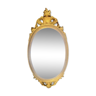 Ancien miroir ovale en résine dorée à la feuille - style baroque - 73 cm