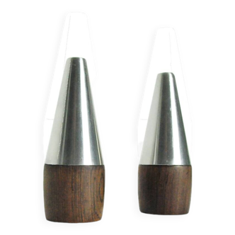 Danish Modern Pair of Rosewood and Stainless Steel Salt and Pepper Shakers