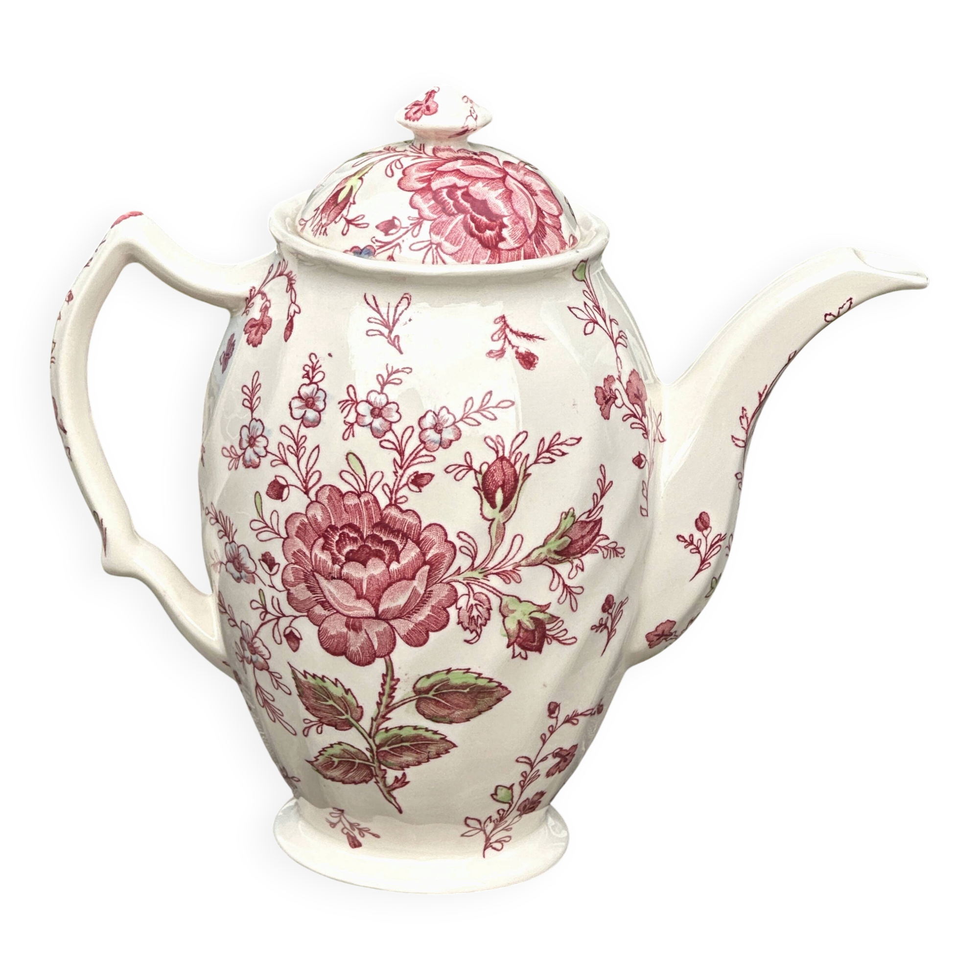 Vintage coffee pot in English earthenware, Johnson Brothers Rose Chintz model.