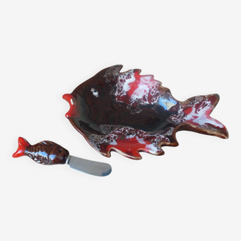 Butter dish set with butter knife in the shape of a colorful fish, Vallauris style