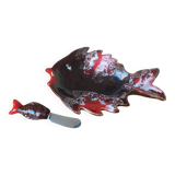 Butter dish set with butter knife in the shape of a colorful fish, Vallauris style
