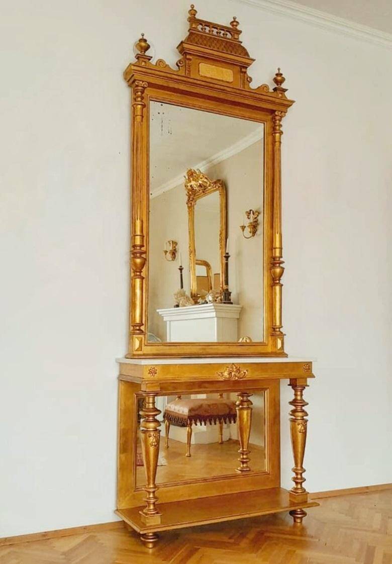 Table console victorienne en bois doré avec miroir et plateau en marbre, Autriche 1880s