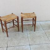 Pair of vintage wooden and straw stools from the 50s, rectangular