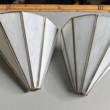 Pair of fan-shaped wall lights in glass paste and brass.