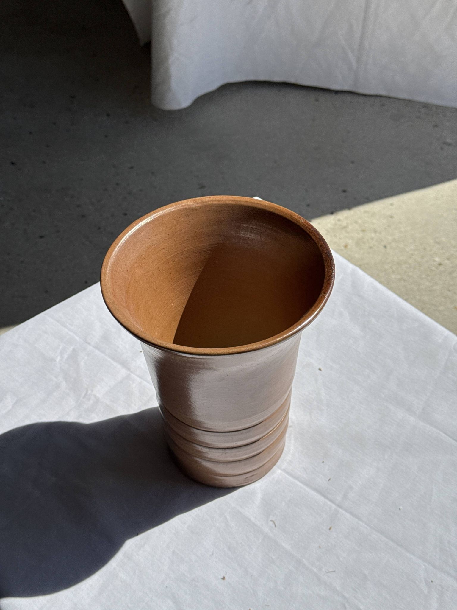 Vintage ceramic vase in glazed brown-orange with stripes H21.5 D19