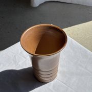 Vintage ceramic vase in glazed brown-orange with stripes H21.5 D19