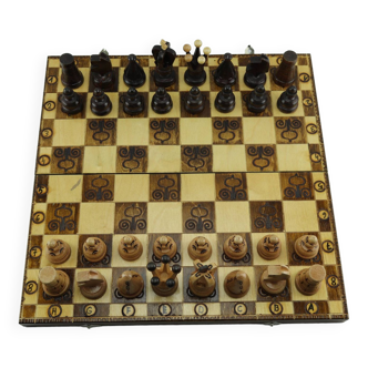 Coffret jeu d'échecs pliable artisanal vintage