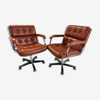 Pair of office chairs leather cognac italian design 1985