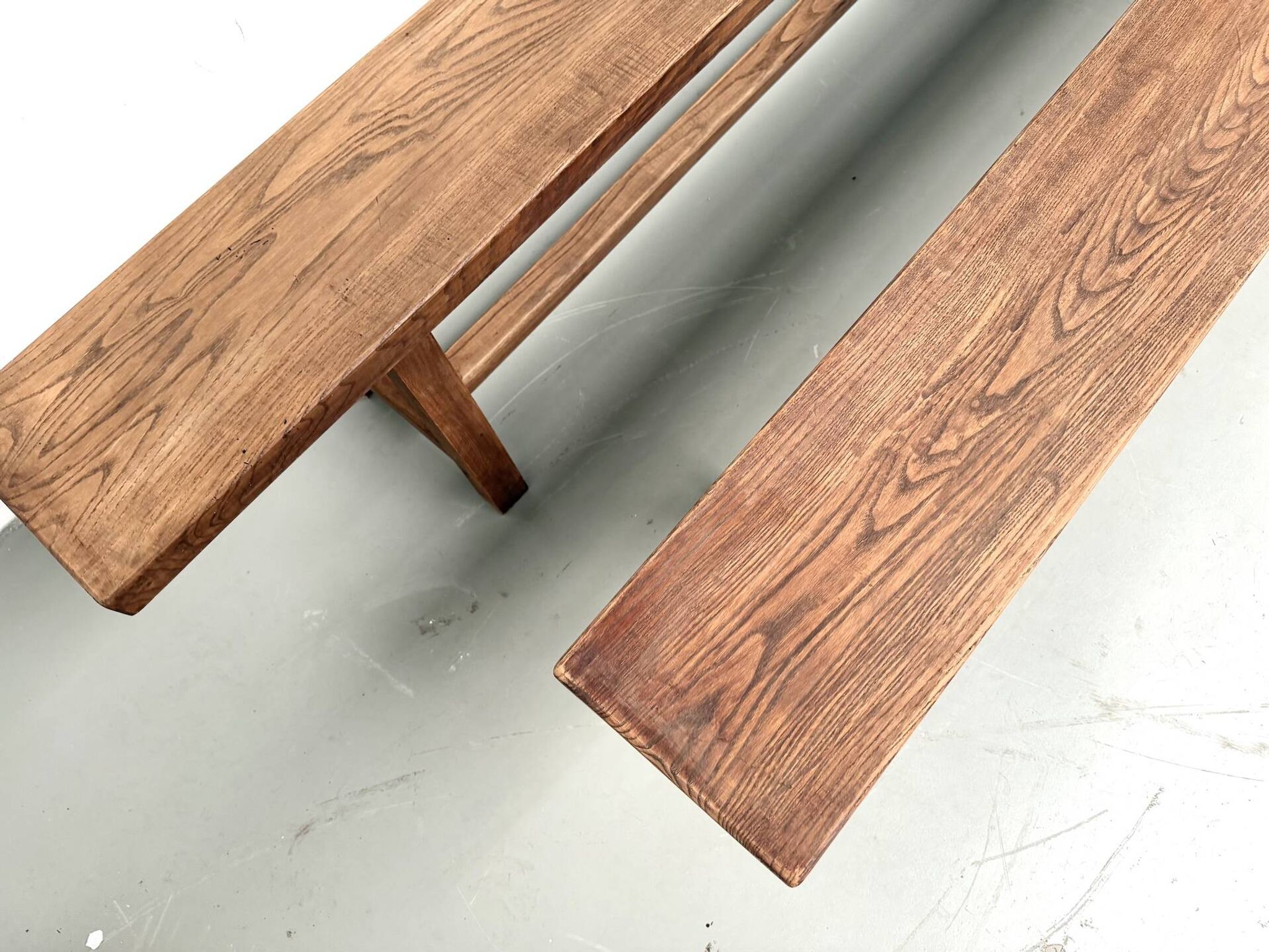 Pair of XL size benches in solid oak, 1950s.