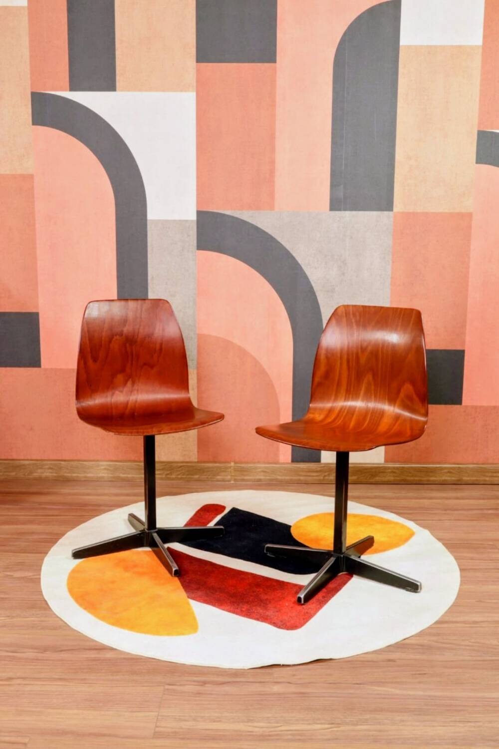 Pair of children's chairs made of plywood, vintage style, metal legs