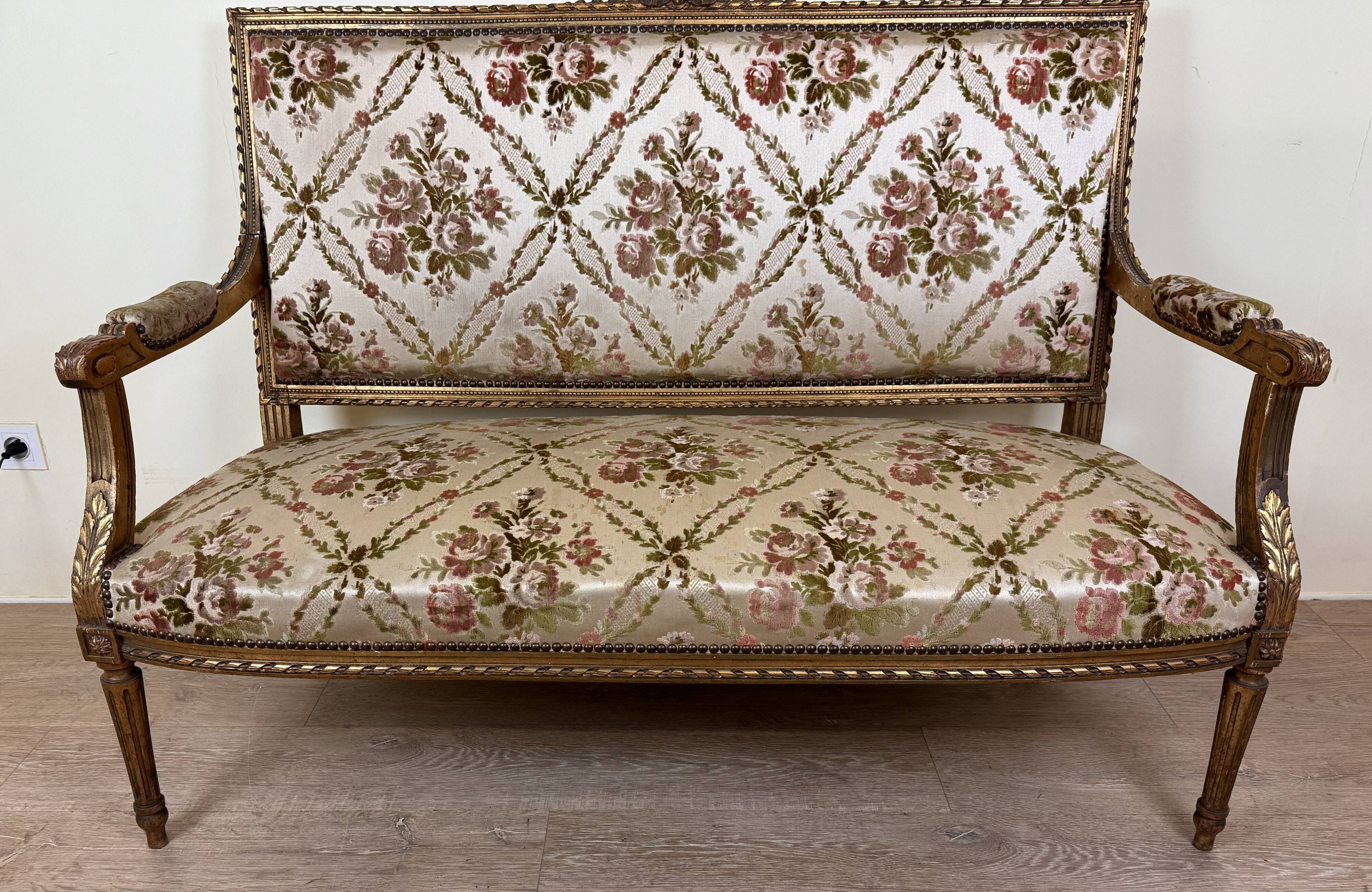 Louis XVI Style Bench In Golden Wood, mid-19th century