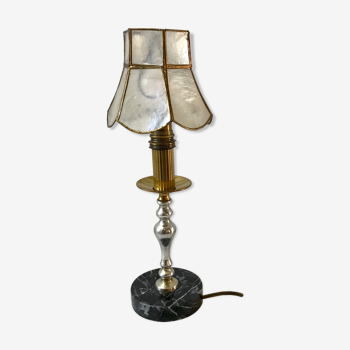 Lamp in marble and chrome metal with mother-of-pearl lampshade 30s-40s