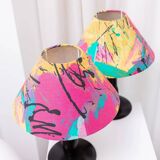 Pair of Memphis Pop Art Table Lamps, Multicolored Fabric Shades, Black Lacquered Bases - Belgian Massive, 1980s