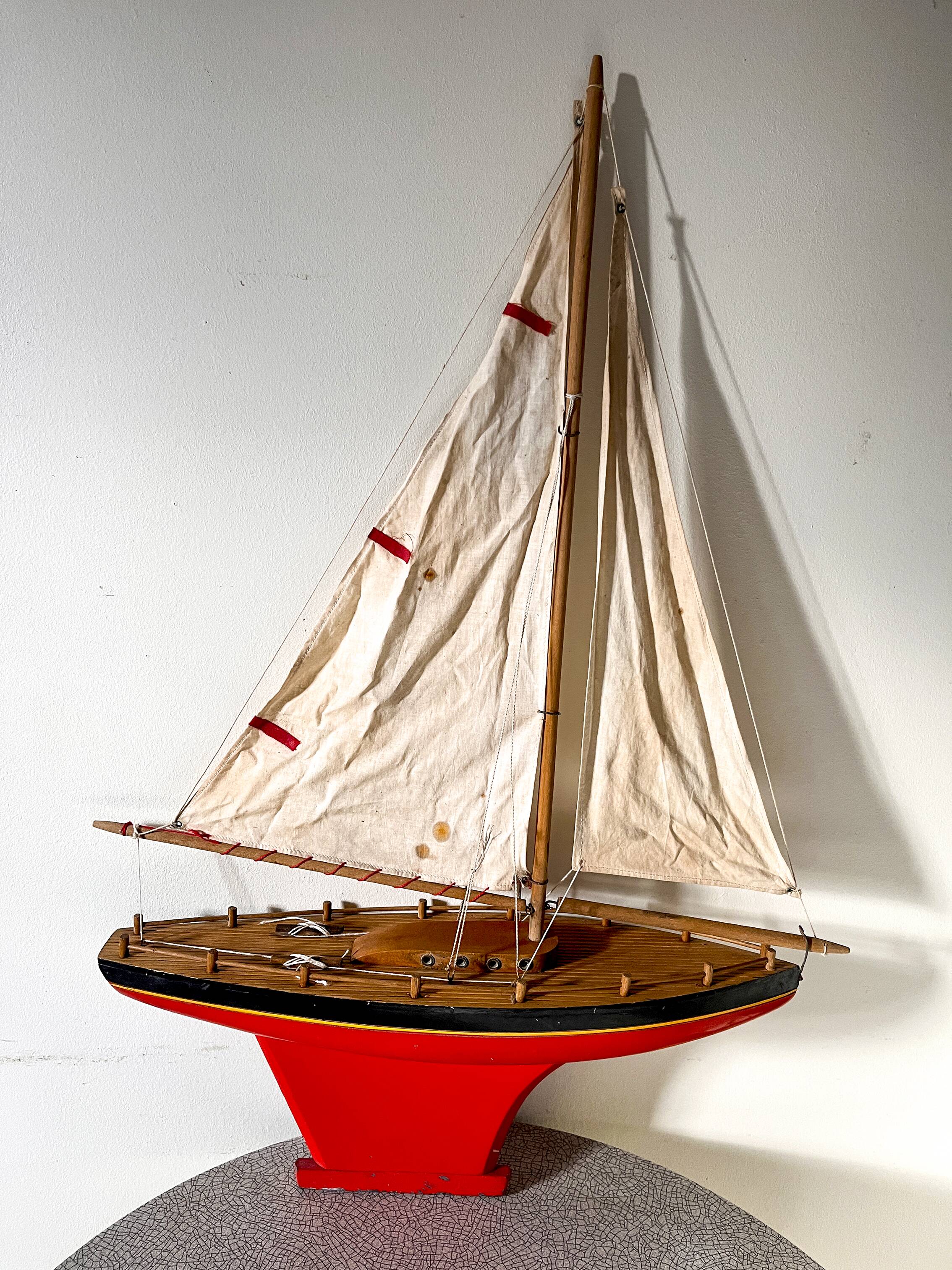 Large wooden basin sailing boat, brand Tirot, navigable antique toy.