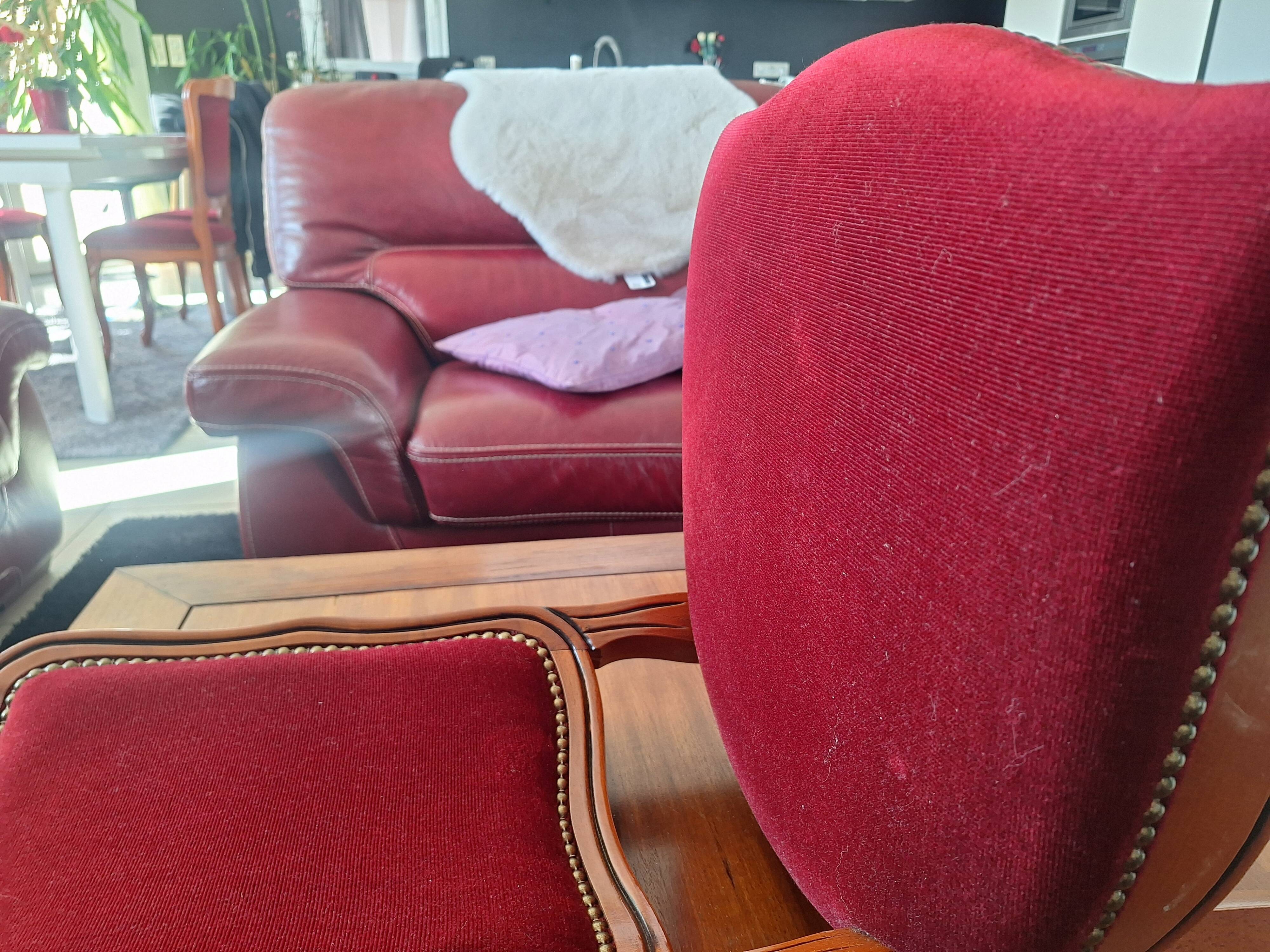 superb set of (8/10) Louis XV chairs in solid cherry with burgundy velvet