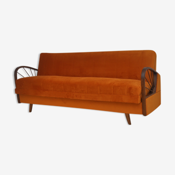 Orange velvet sofa with folding function, restored, 1960s