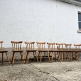 Set of 8 vintage bistro chairs – Warm stained wood – Compass legs