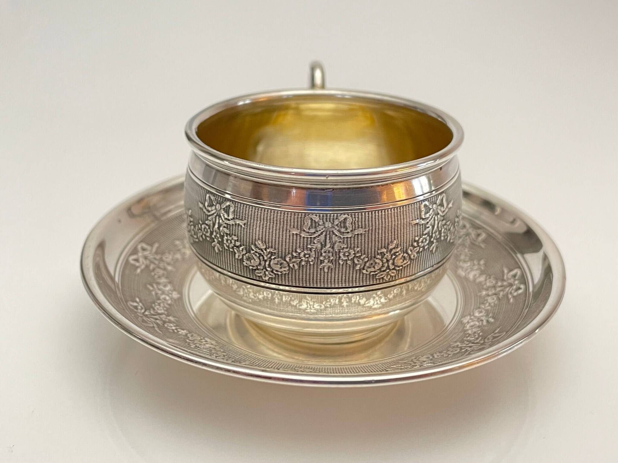 Silver Cup and Saucer | 20th Century | Ribbon and Flower Garland