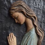 Religious slate wall plaque - hand-painted carved wood overprint - 1970
