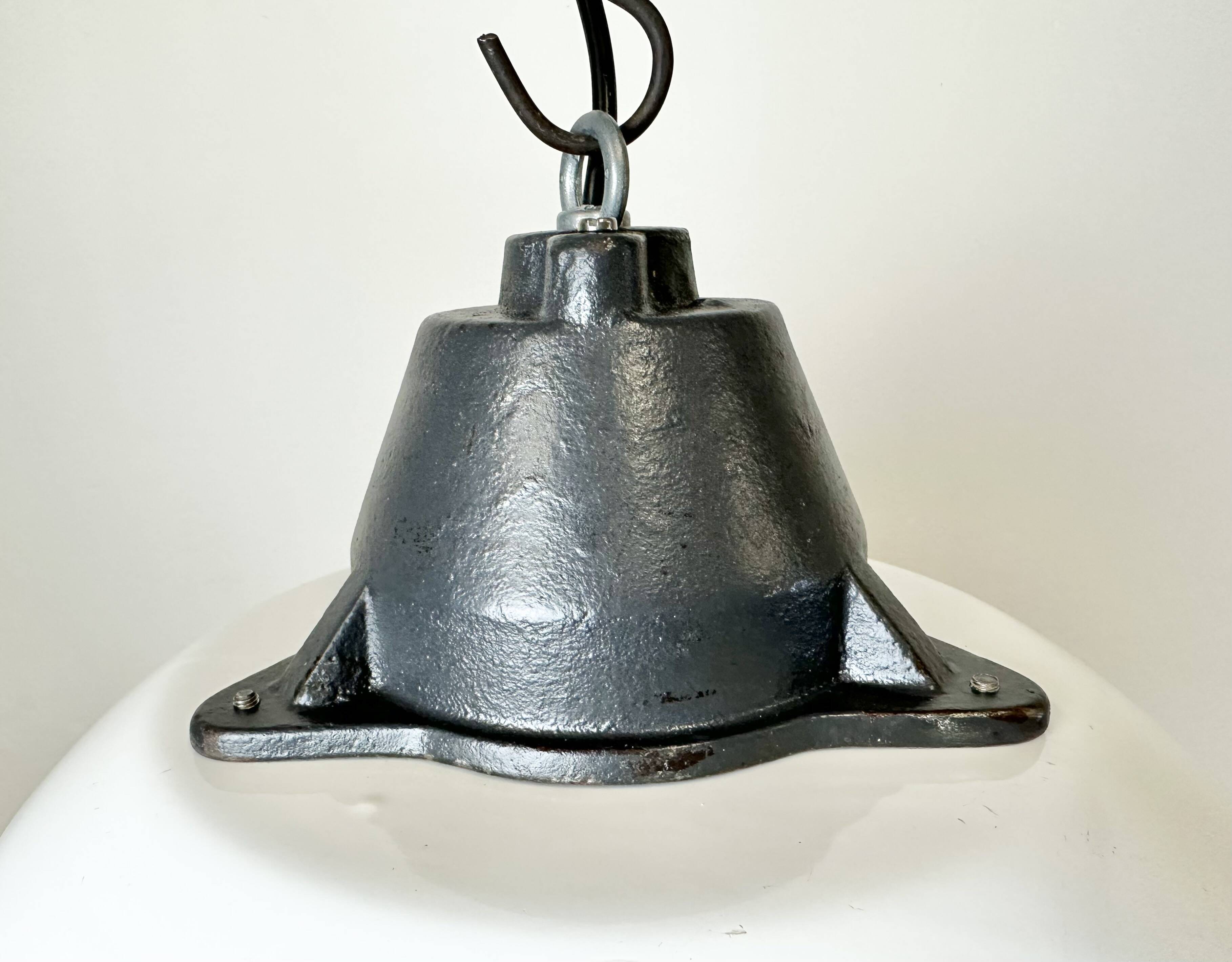 White enamel and cast iron industrial pendant light with glass cover, 1960s