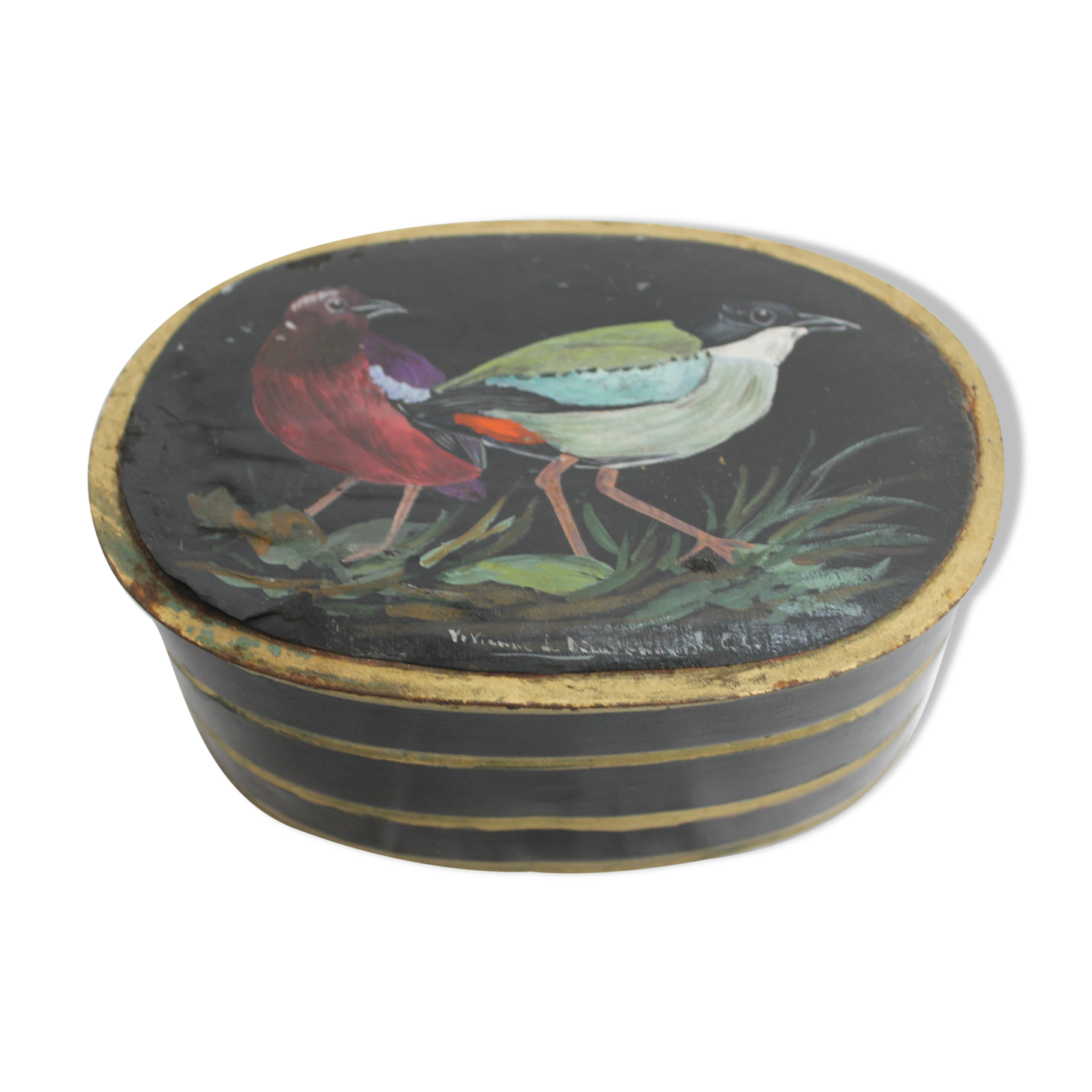 Napoleon III style metal box with painted and signed leather