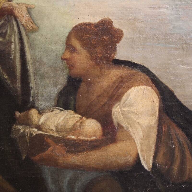 Antique Italian painting Moses saved from the waters from the 18th century