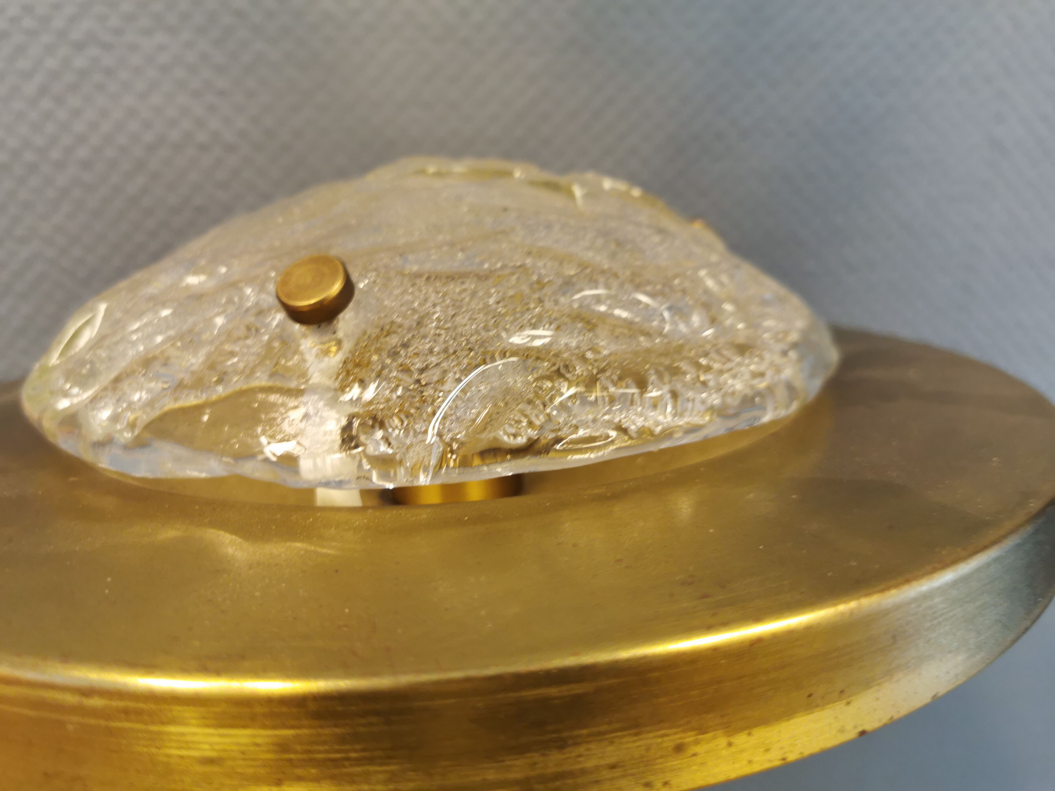 Wall/ceiling lamp, made in brass and white lacquered metal with frosted solid glass shade