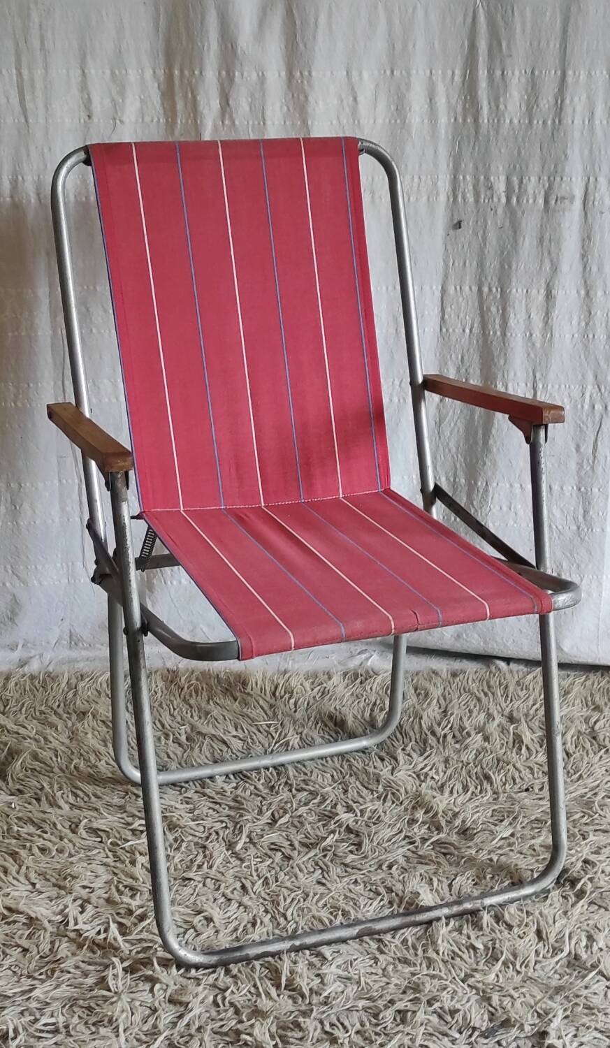 Vintage folding chair in metal and bayadère canvas - 1960s