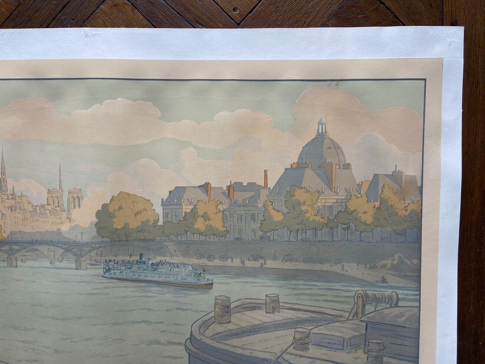 Lithograph Henri Riviere, l'institut et la cite serie paysages parisiens