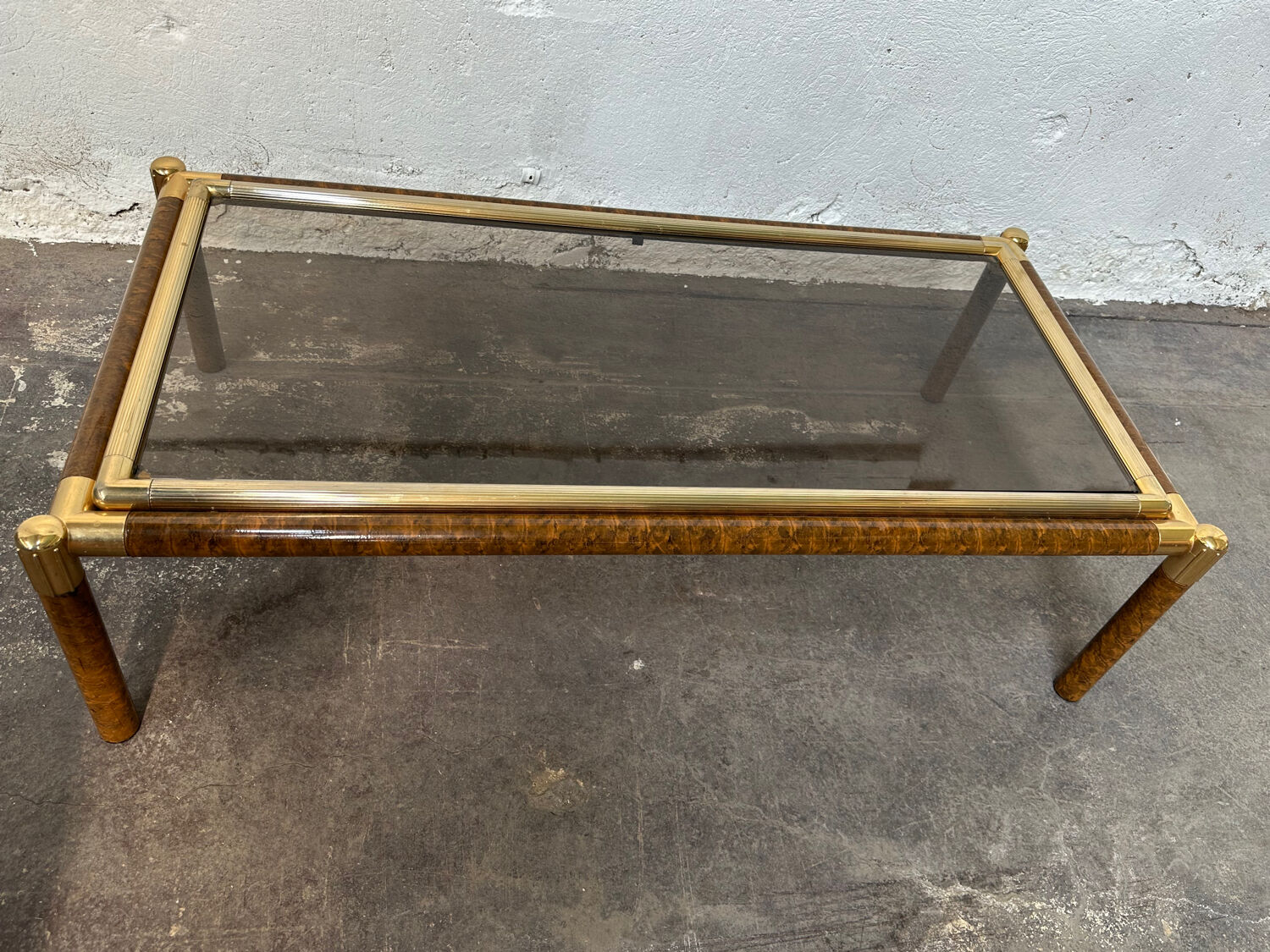 Gold-tone metal and imitation elm burl coffee table