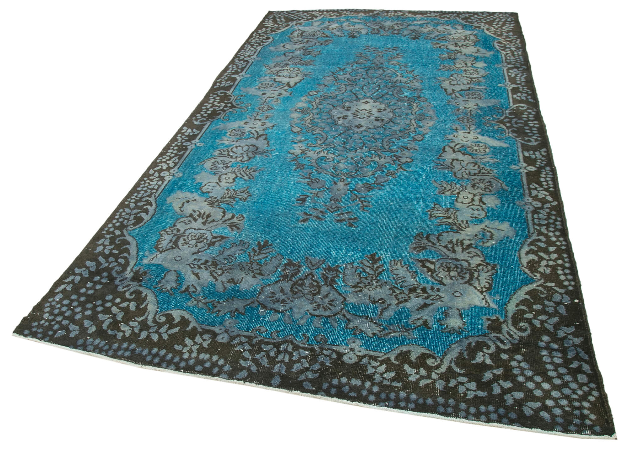 Hand-knotted hi-low pile oriental 1970s 177 cm x 321 cm blue carpet