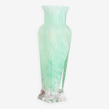 VASE EN VERRE DE MURANO MOUCHETÉ VERT D'EAU ET BLANC