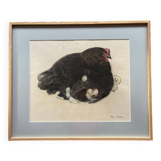 Black hen and her chicks, pastel on paper signed Hélène Rivière