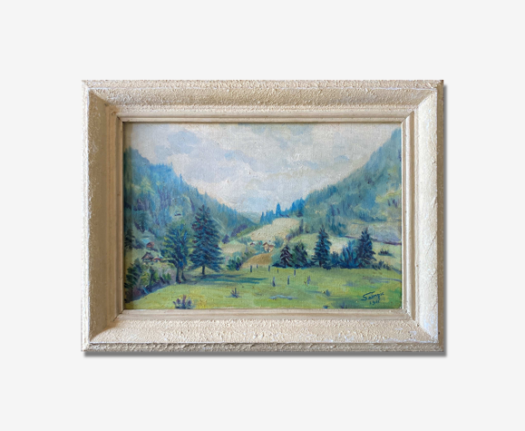 Tableau "Paysage de montagne" signé Sampic, artiste de l'Yonne 1952