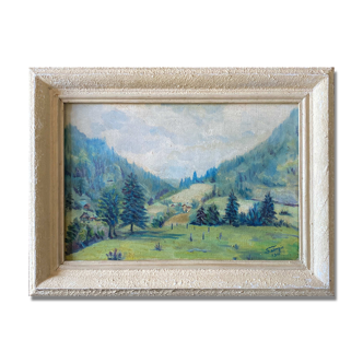 Painting "Mountain landscape" signed Sampic, artist of the Yonne 1952