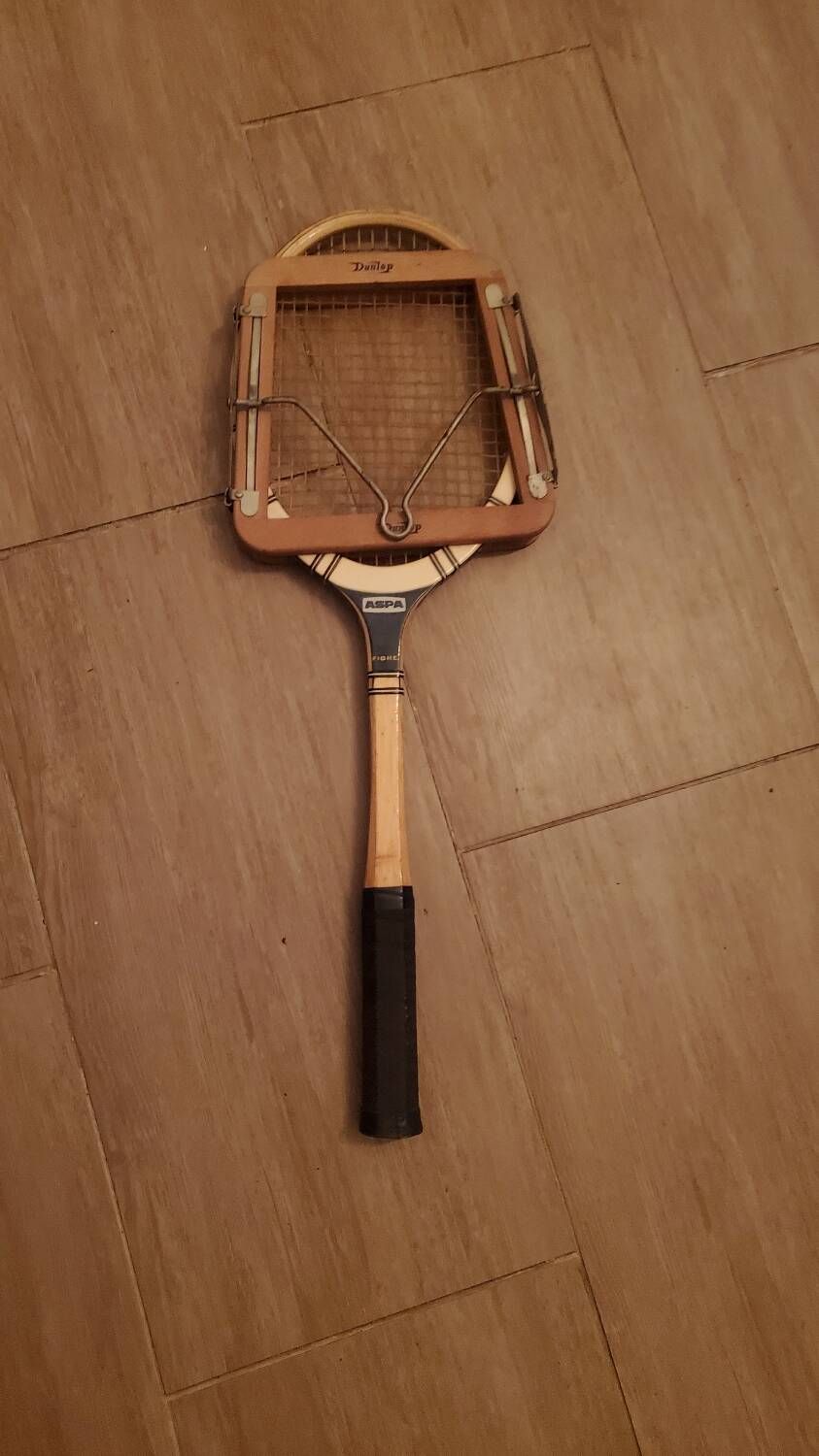 Rare vintage Babolat Aspa wooden tennis racket and vintage Dunlop frame