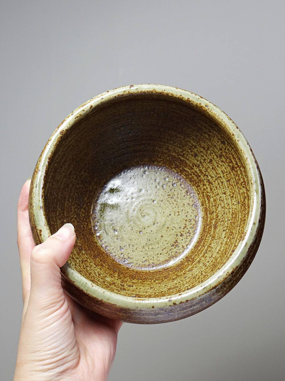 Vintage stoneware bowl or planter with ash glaze, rustic wabi sabi style