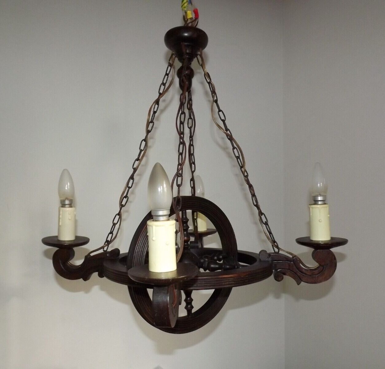 French vintage rustic 4 light wheel chandelier hand