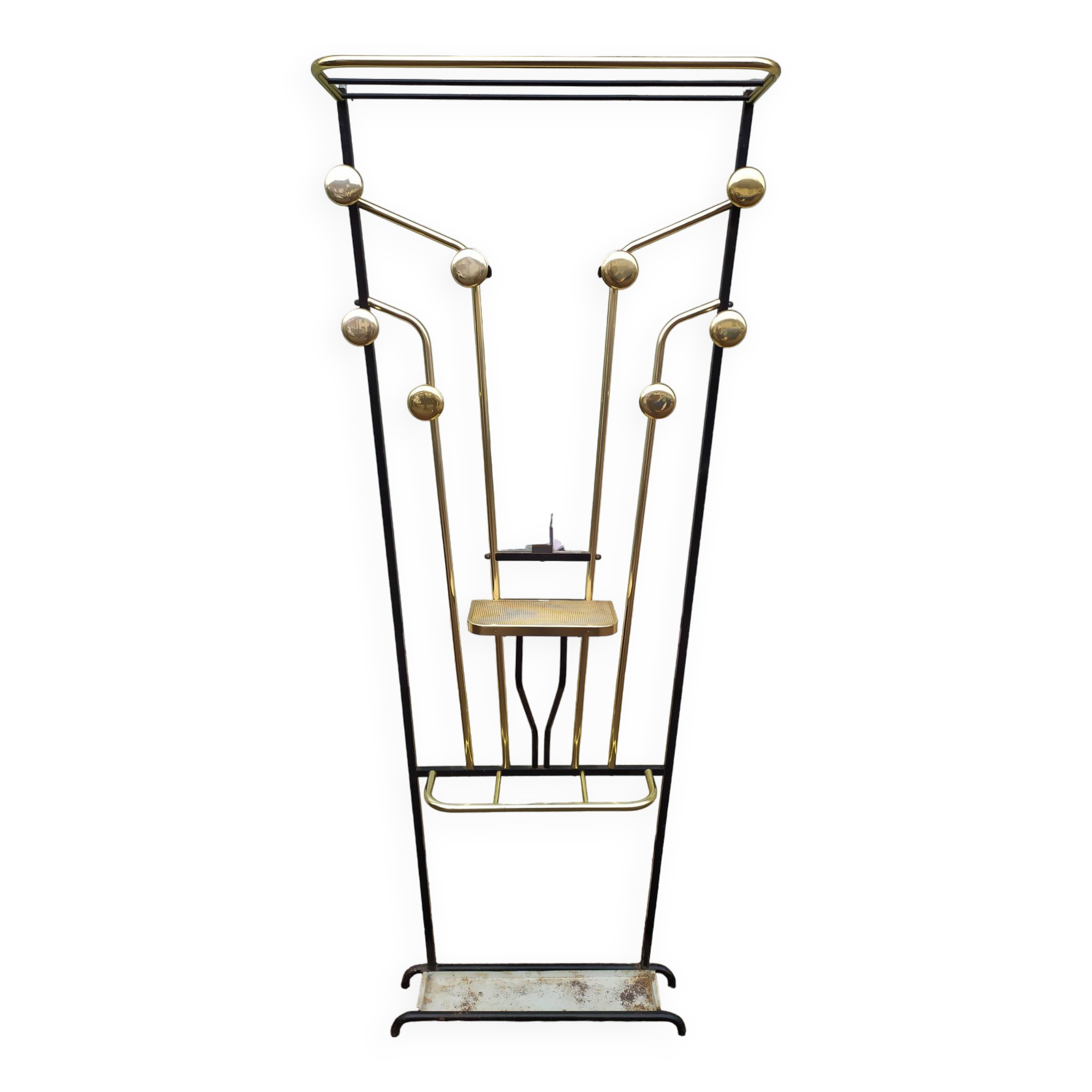 Cloakroom coat rack hat umbrella metal and vintage brass