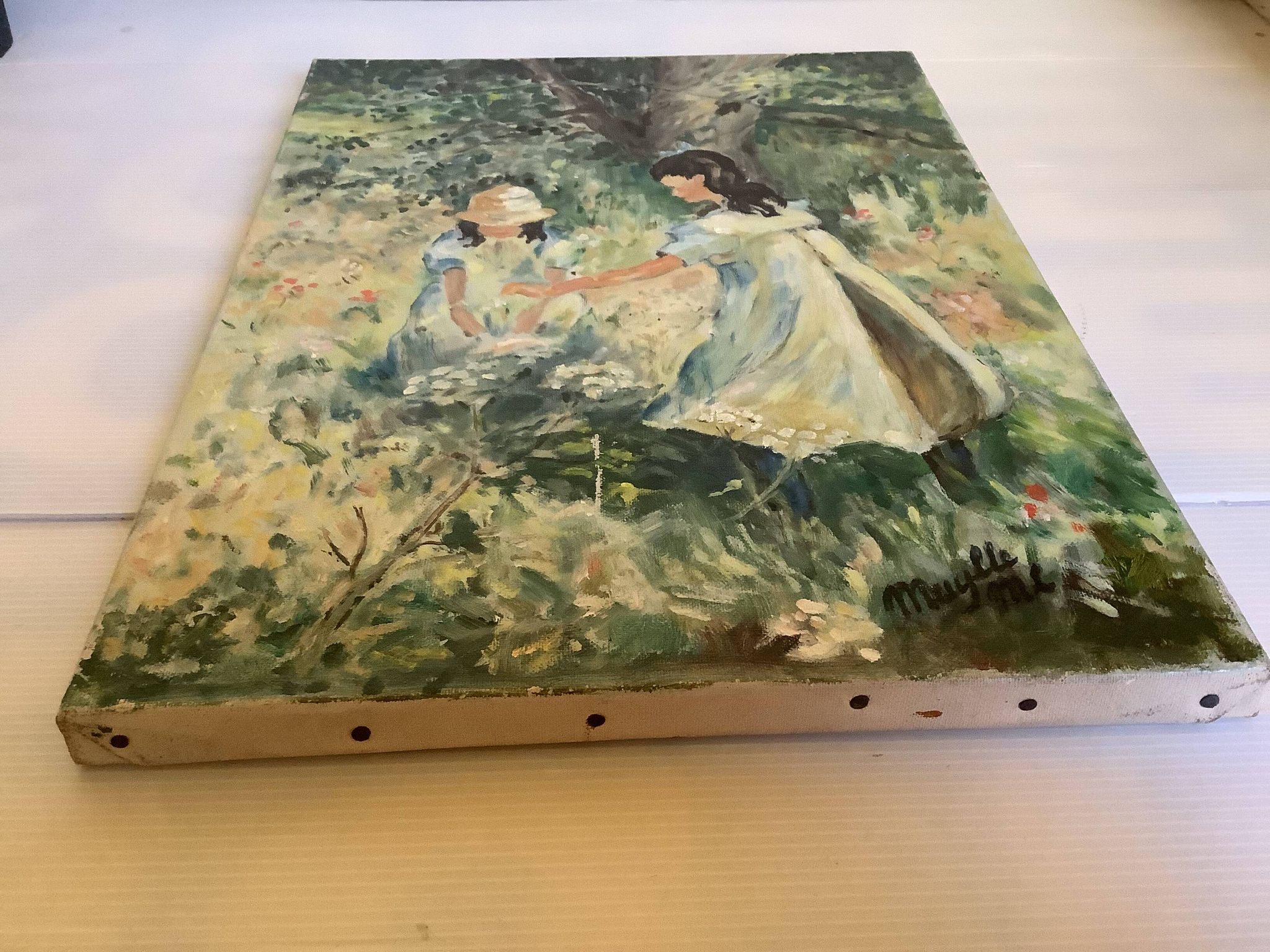Painting of young girls in the garden, oil on canvas, signed