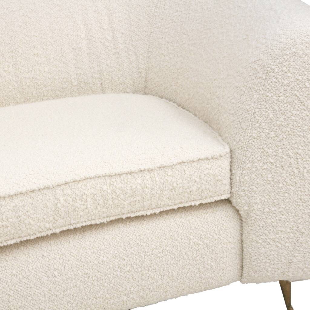 Curved Four-Seat Italian Sofa in White Bouclé Wool, Brass Legs