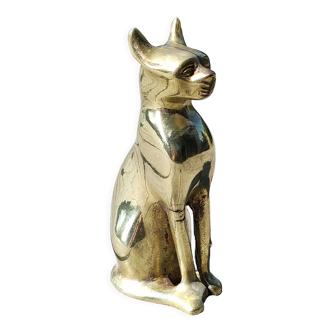 Sculpture chat bastet in polished gilded brass. egyptian deity. high 13 cm