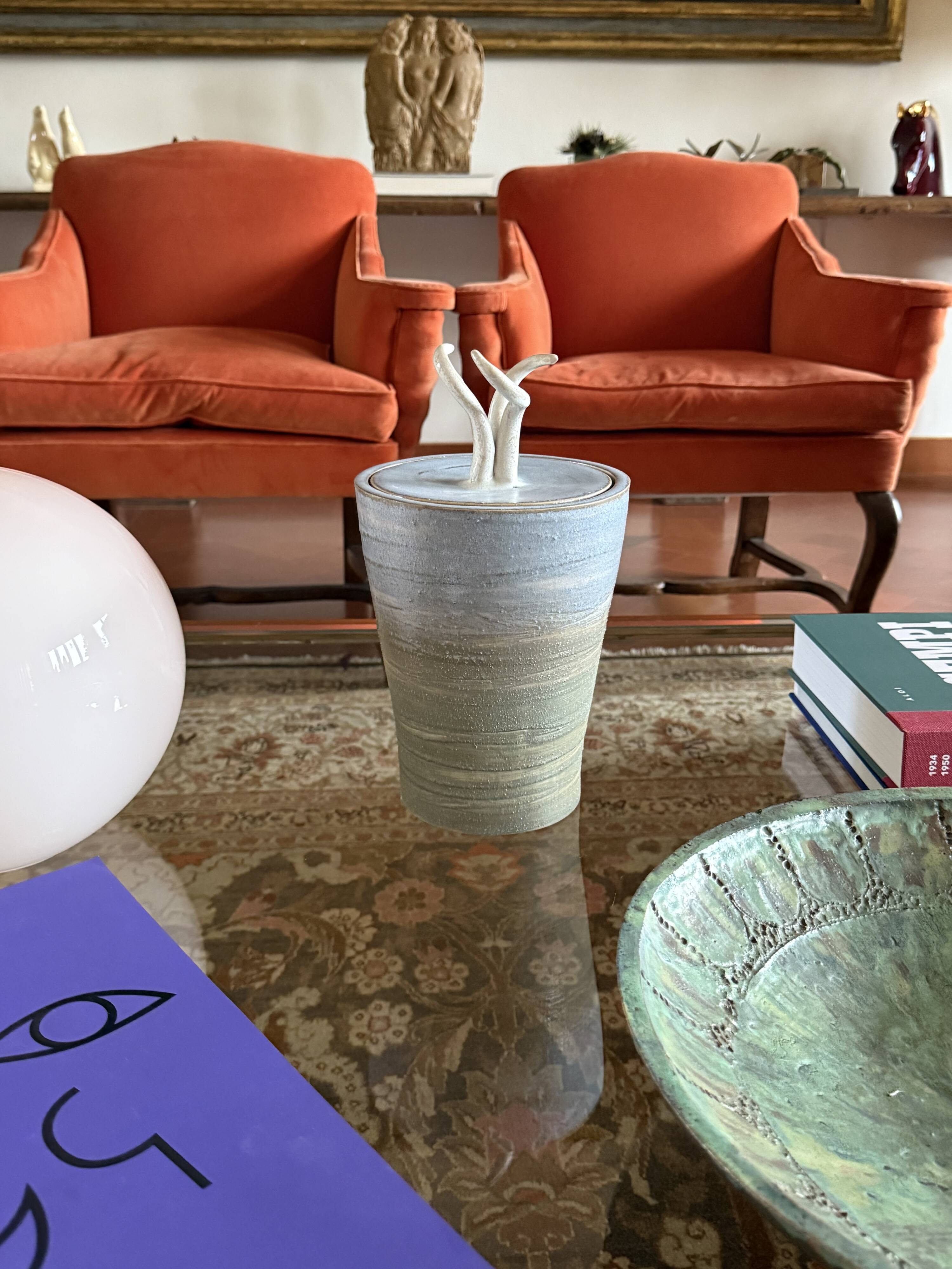 Mid-century style blue artistic ceramic vase, Gabriele Bucci Italy ca. 2000