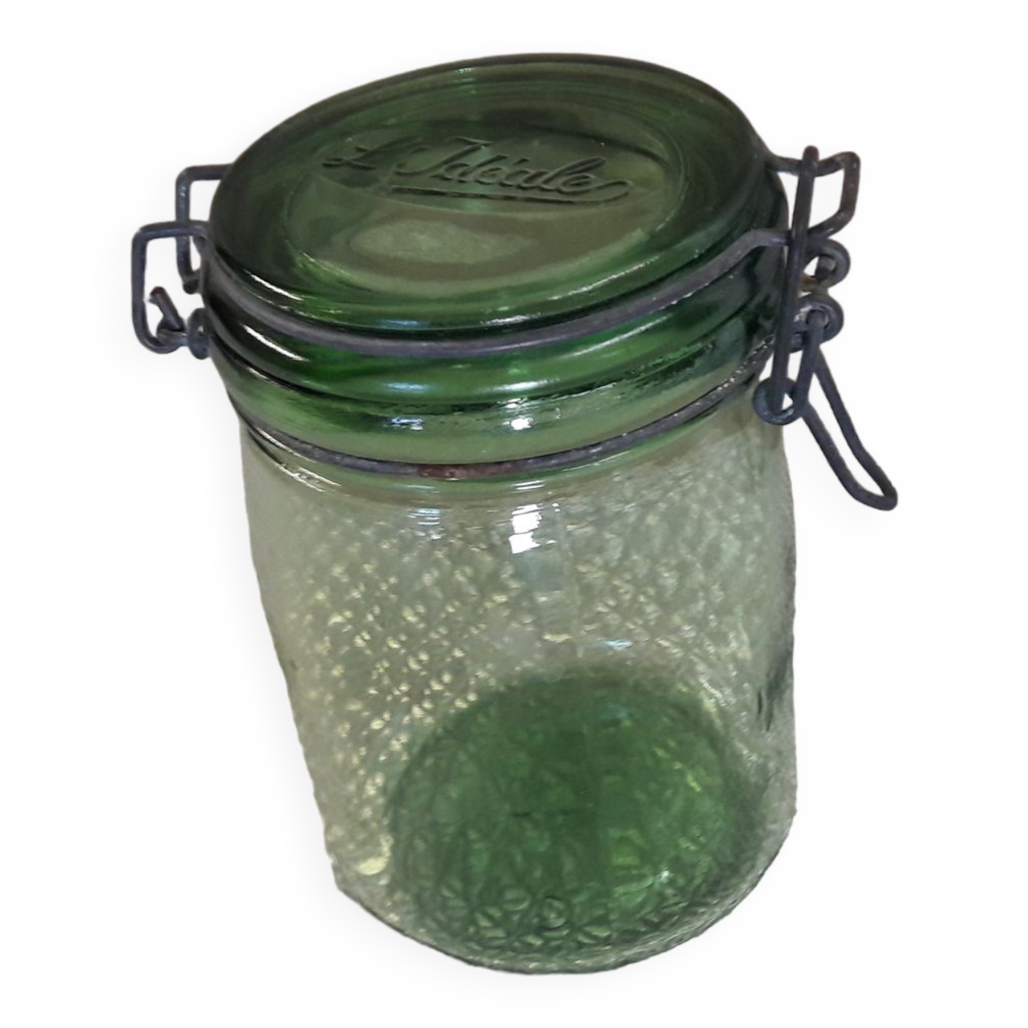 Green glass jar l l 'ideal