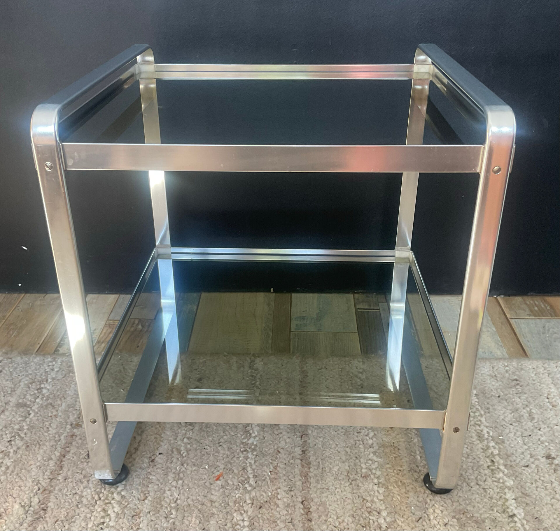 Space Age side table in aluminium and smoked glass