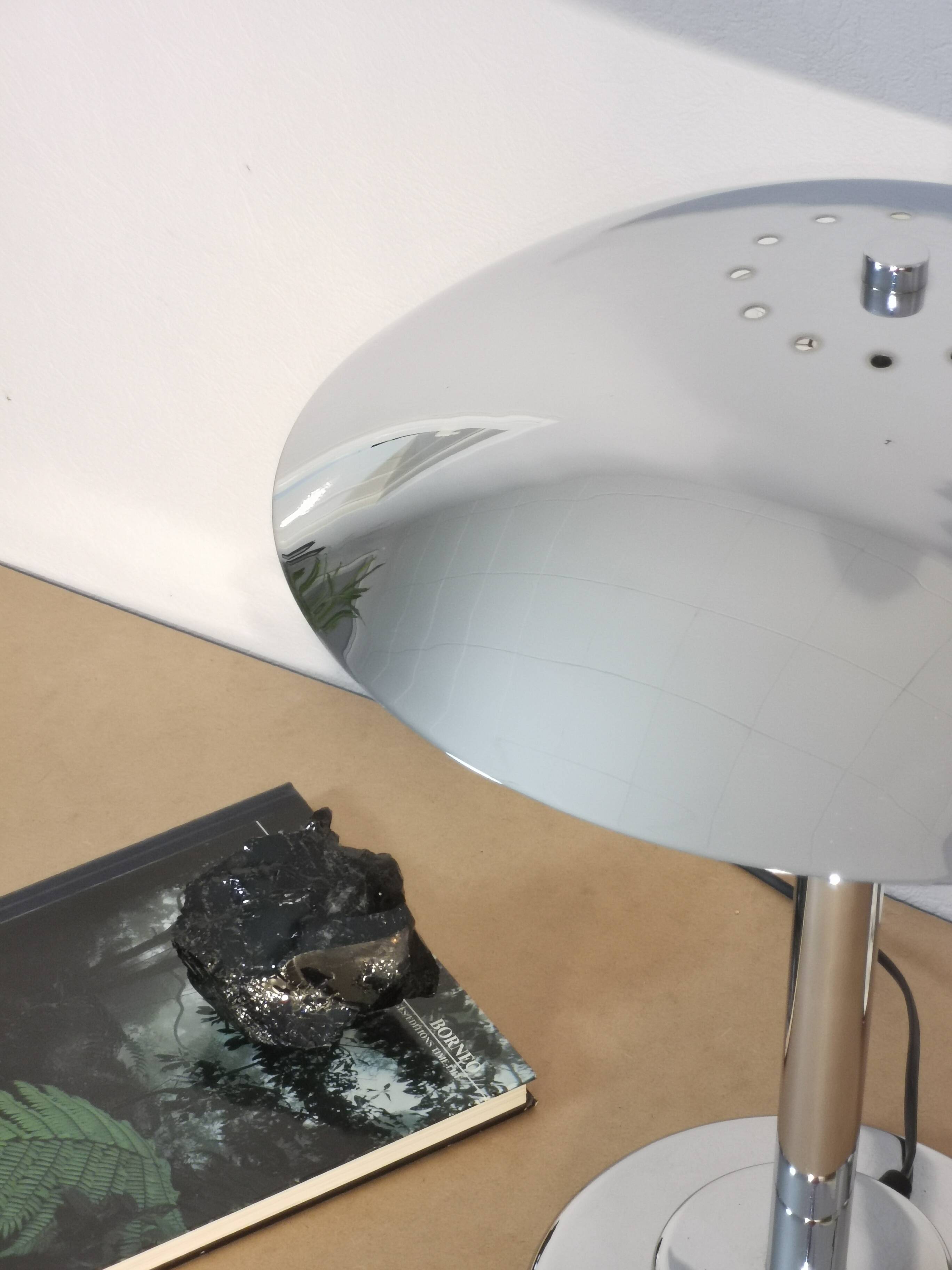 Mushroom lamp, chrome metal saucer, Aluminor, France, 1970