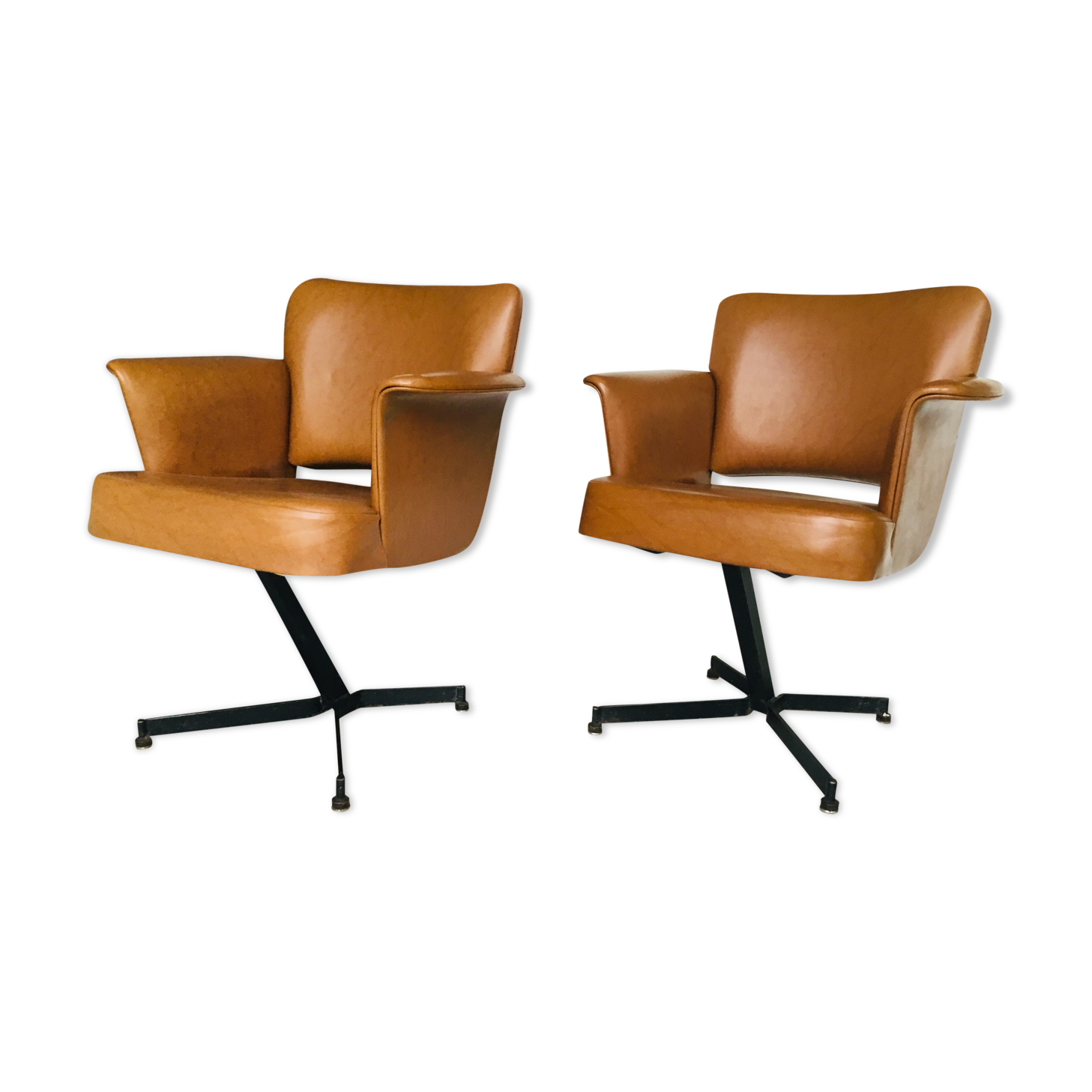 Pair of brown faux leather armchairs - black metallic footing - 1960