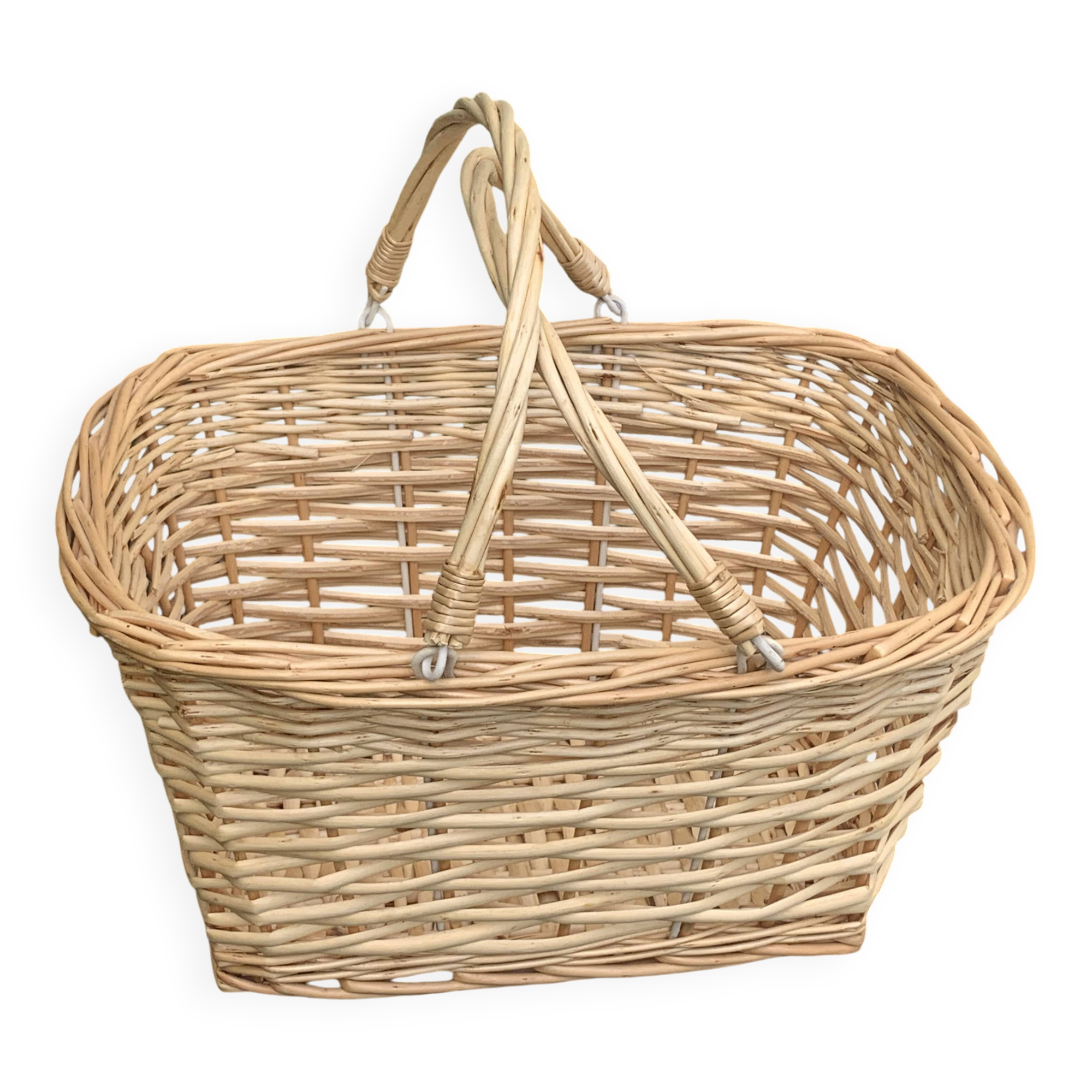 Rattan basket, woven wicker, with two vintage handles