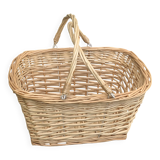 Rattan basket, woven wicker, with two vintage handles